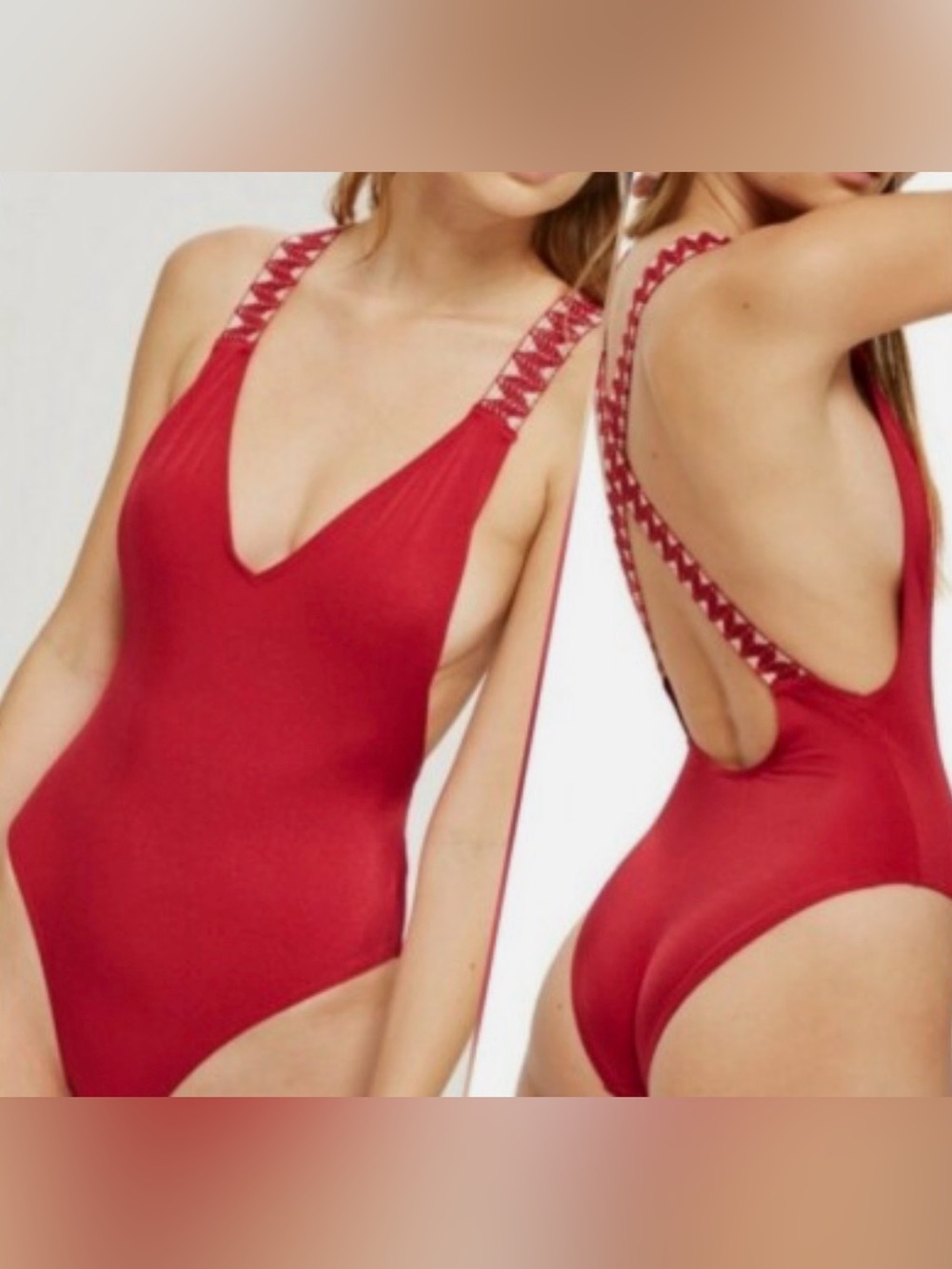 Topshop Red V-Neck Sleeveless swimsuit with Embellished Straps
